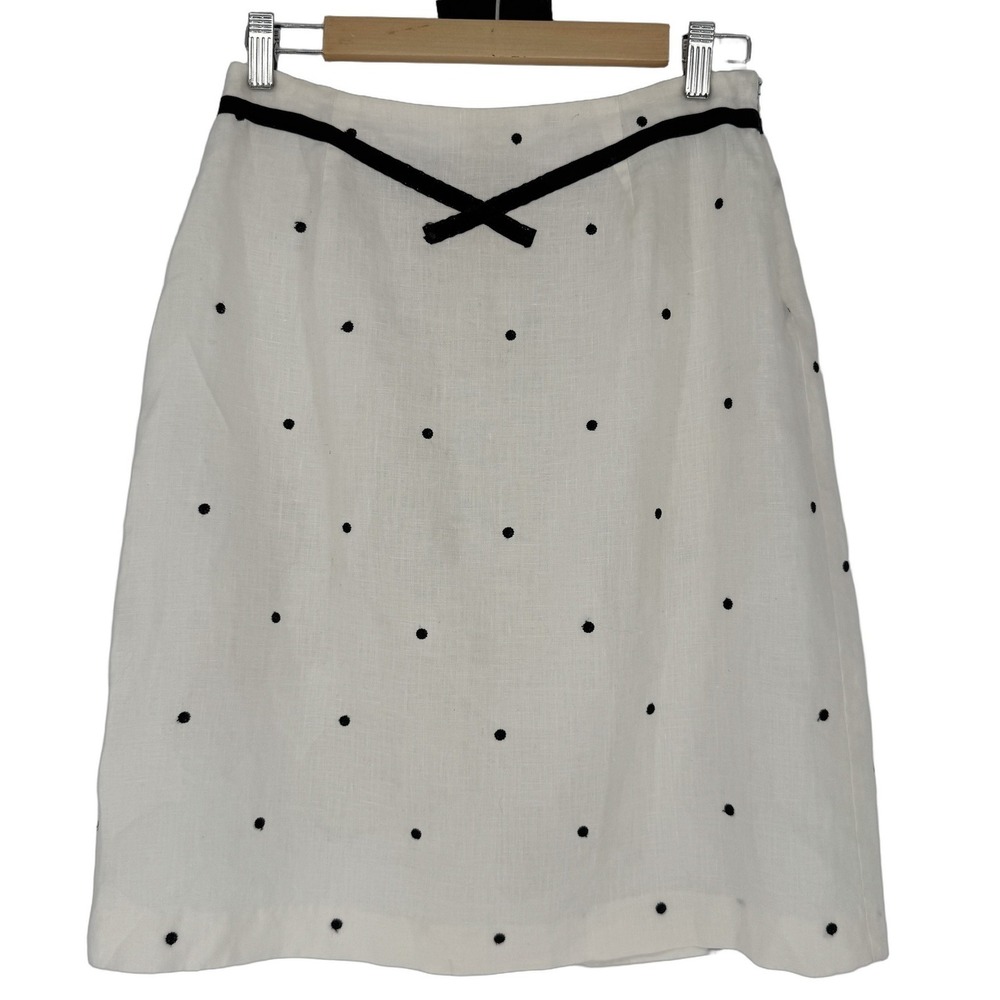Vintage Richard Malcolm Irish Linen Skirt 8 White Polka Dot Old Money 90s Preppy